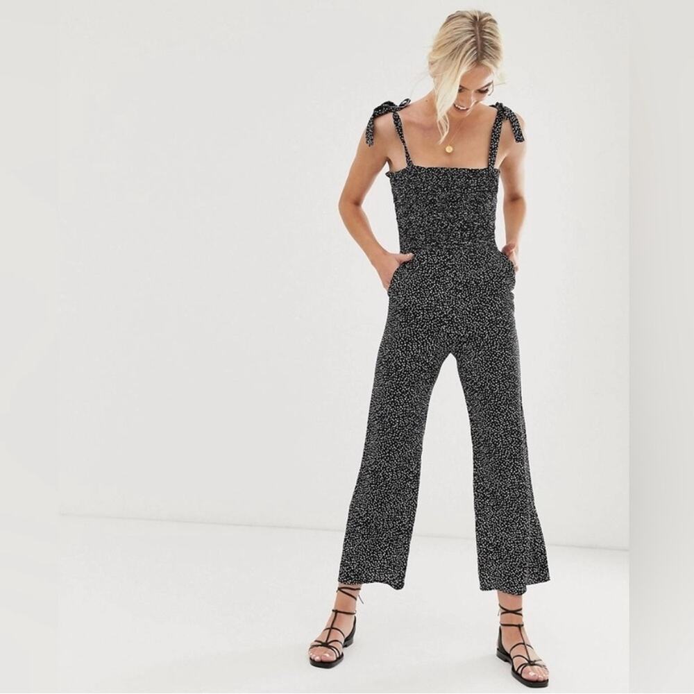 & Other Stories Ditsy Floral Print Smocked Wide Leg Jumpsuit Black EU 34 US XS